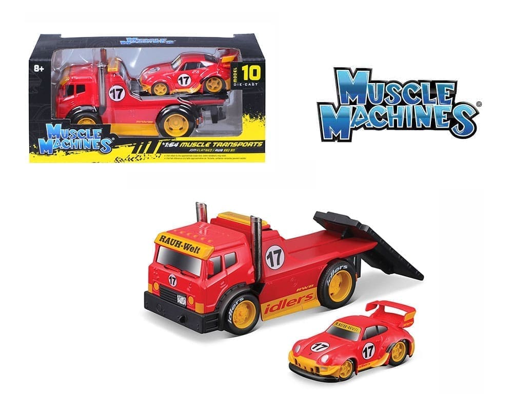 Muscle Machines 1:64 JDM Flatbed With RWB 993 911 Red – Muscle Transports - House of Cars Virginia