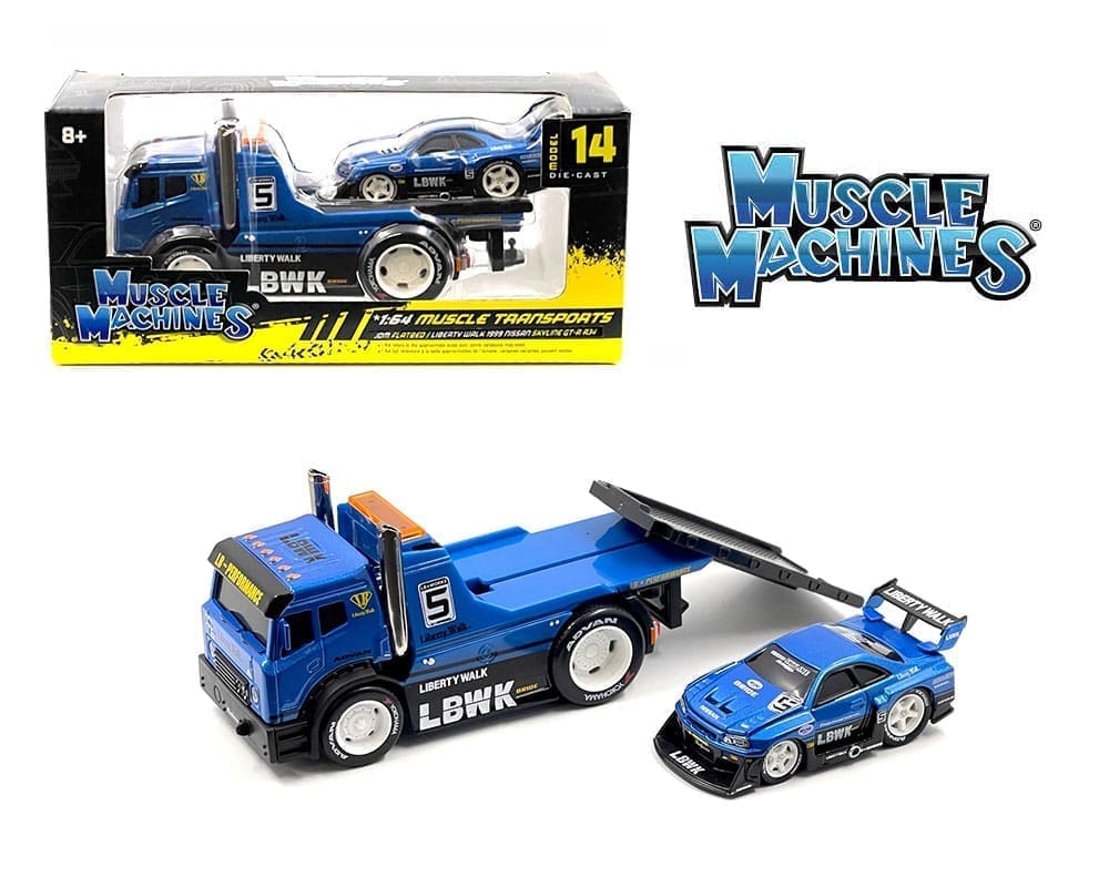 Muscle Machines 1:64 JDM Flatbed / Liberty Walk 1999 Nissan Skyline GT-R R34 – Blue – Muscle Transports Model - House of Cars Virginia