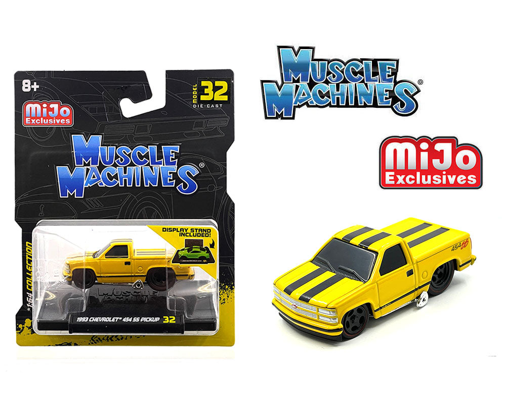Muscle Machines 1:64 1993 Chevrolet 454 SS Pickup Truck Limited Edition – Yellow with Black Stripe - House of Cars Virginia