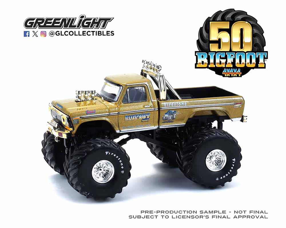 Greenlight 1:64 Kings of Crunch – Bigfoot #1 50th Anniversary – 1979 Ford F-250 Monster Truck – Gold Metallic – (Hobby Exclusive) - House of Cars Virginia