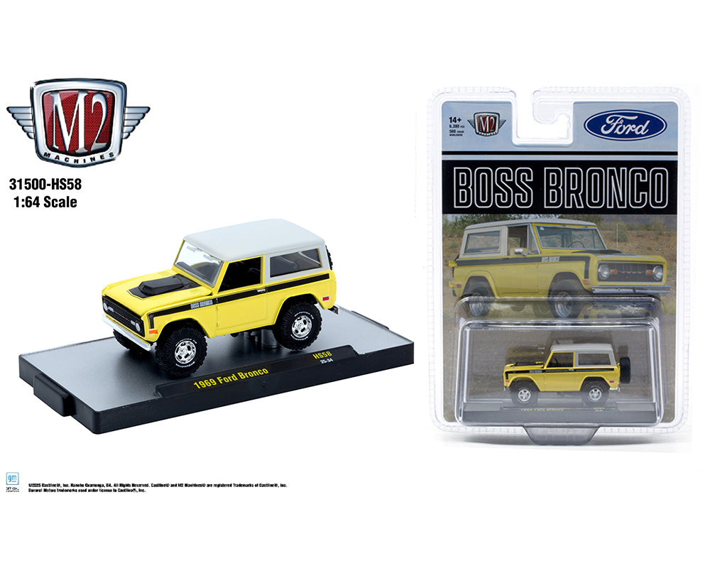 M2 Machines 1:64 1969 Ford Bronco ” BOSS ” – Beige with White Top Two-Tone – Hobby Exclusive - House of Cars Virginia