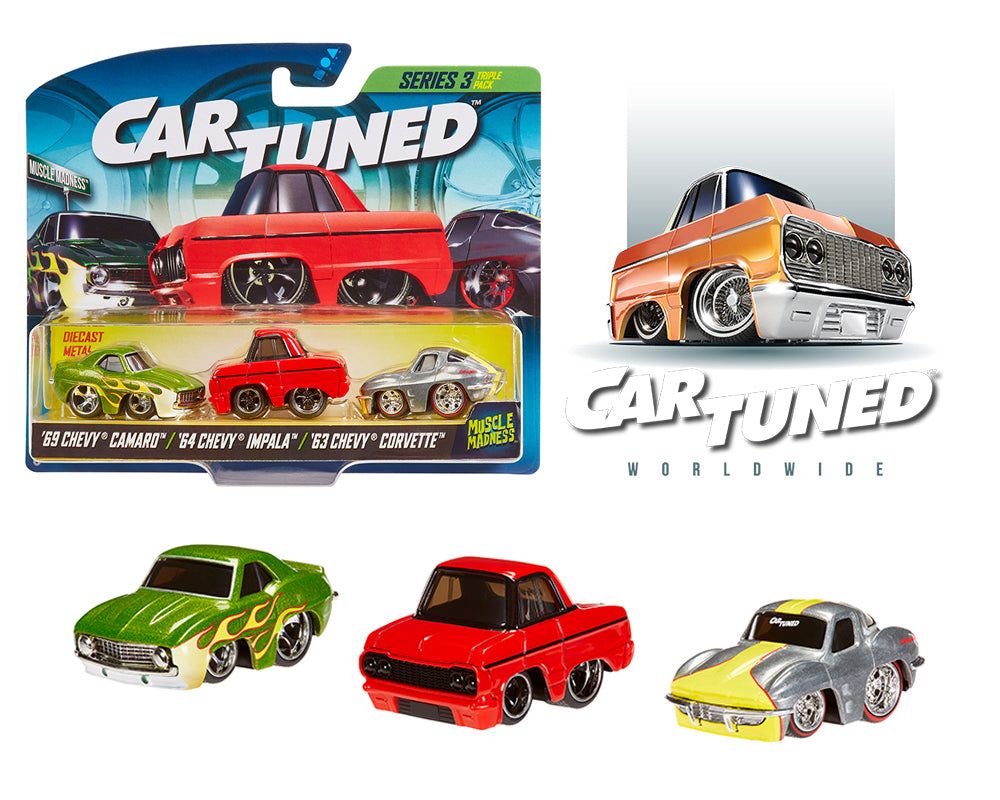 Preorder) CarTuned 1:64 Lowriders Series 3 Muscle Madness 3 Pack 2025 – 1969 Chevrolet Camaro, 1964 Chevrolet Impala, 1963 Chevrolet Corvette - House of Cars Virginia