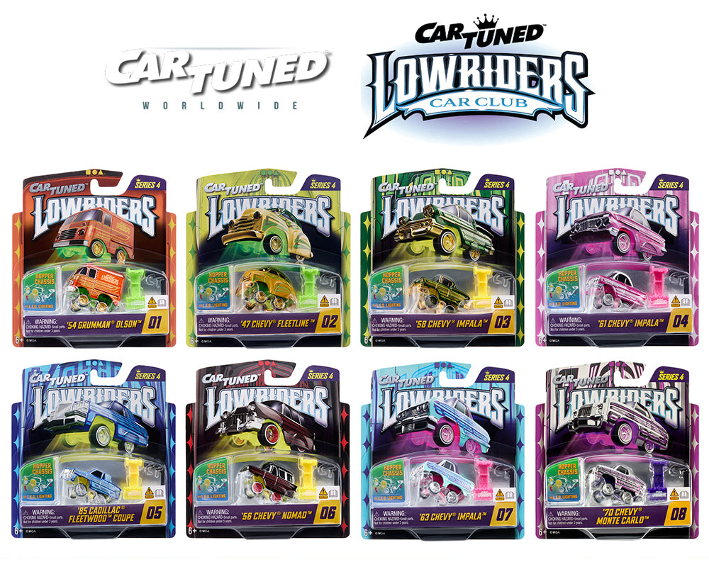 CarTuned 1:64 Lowriders SHOW GLOW Series 4 Assortment of 8 Styles 2026 – L.E.D. Light Up & Hopper Chassis