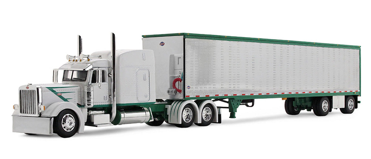 DCP Peterbilt Model 389 with 63” Mid-Roof Sleeper in White with Green Stripes Hauling 53’ Utility Trailer