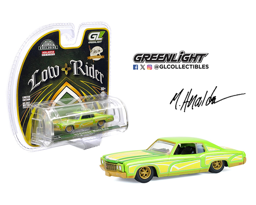 Greenlight 1:64 1970 Chevrolet Monte Carlo Lowrider – Michael Heralda Special Edition – Hobby Exclusive – Green - House of Cars Virginia