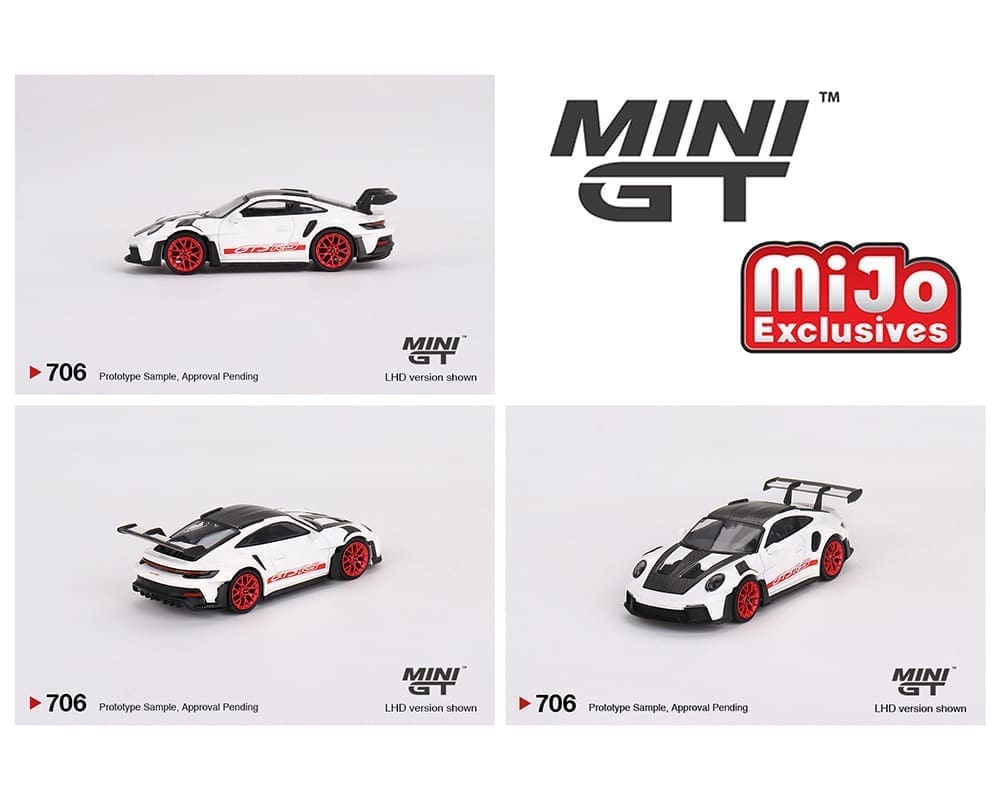 Mini GT 1:64 Porsche 911 (992) GT3 RS Weissach Package – White with Pyro Red- MiJo Exclusives - House of Cars Virginia