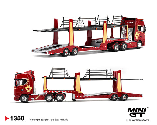 (Preorder) Mini GT 1:64 Scania 770S A6x4NA Car Transporter V8 50th anniversary + Car transporter – Red – Limited Edition