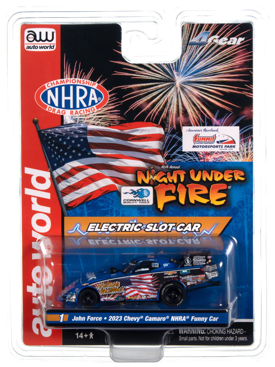 Auto World 4Gear John Force Night Under Fire 2023 Chevy Camaro Funny Car HO Scale Slot Car - House of Cars Virginia