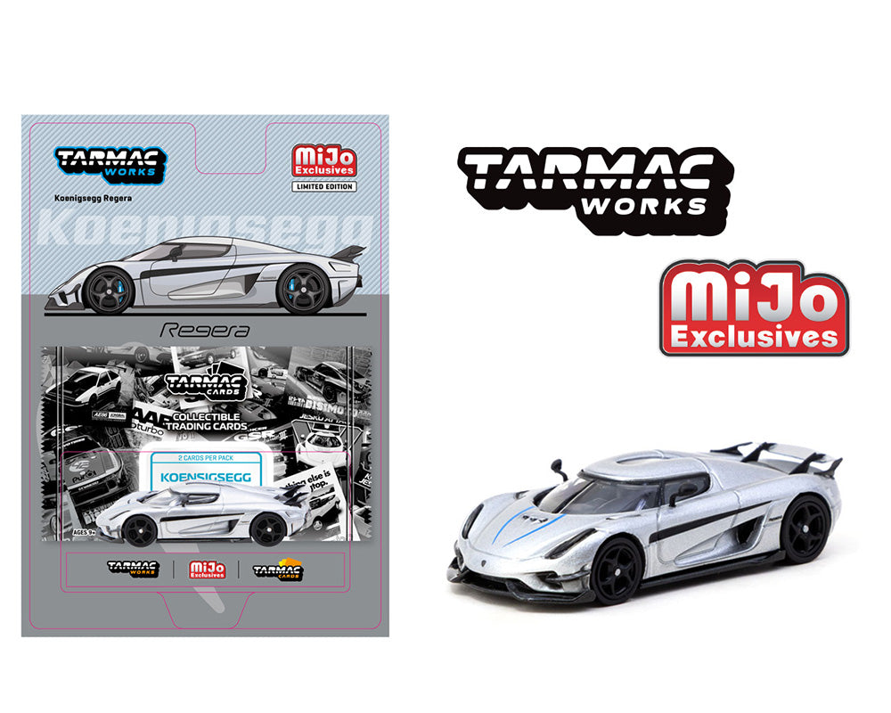 Tarmac Works 1:64 Koenigsegg Regera with Trading Cards Pack – Silver – Global64 Tarmac Cards – MiJo Exclusives Limited Edition