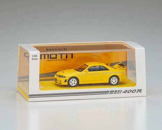 Kyosho 1:64 Nissan Nismo 400 R with MOTN LED Base Compatible(Included) – Yellow - House of Cars Virginia