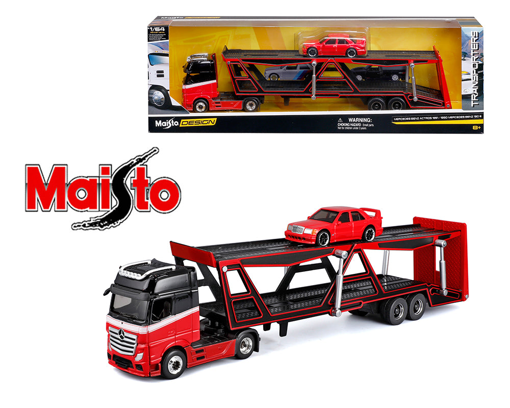 Maisto 1:64 Mercedes-Benz Actros / 1990 Mercedes-Benz 190E – Red – Design Transporters