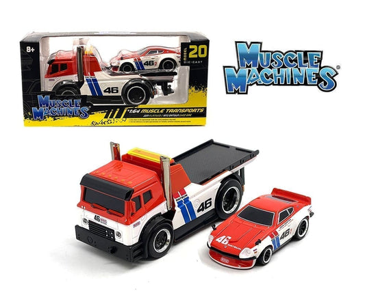 Muscle Machines 1:64 JDM Flatbed & 1972 Datsun 240Z BRE – White – Muscle Transports Model 20 - House of Cars Virginia