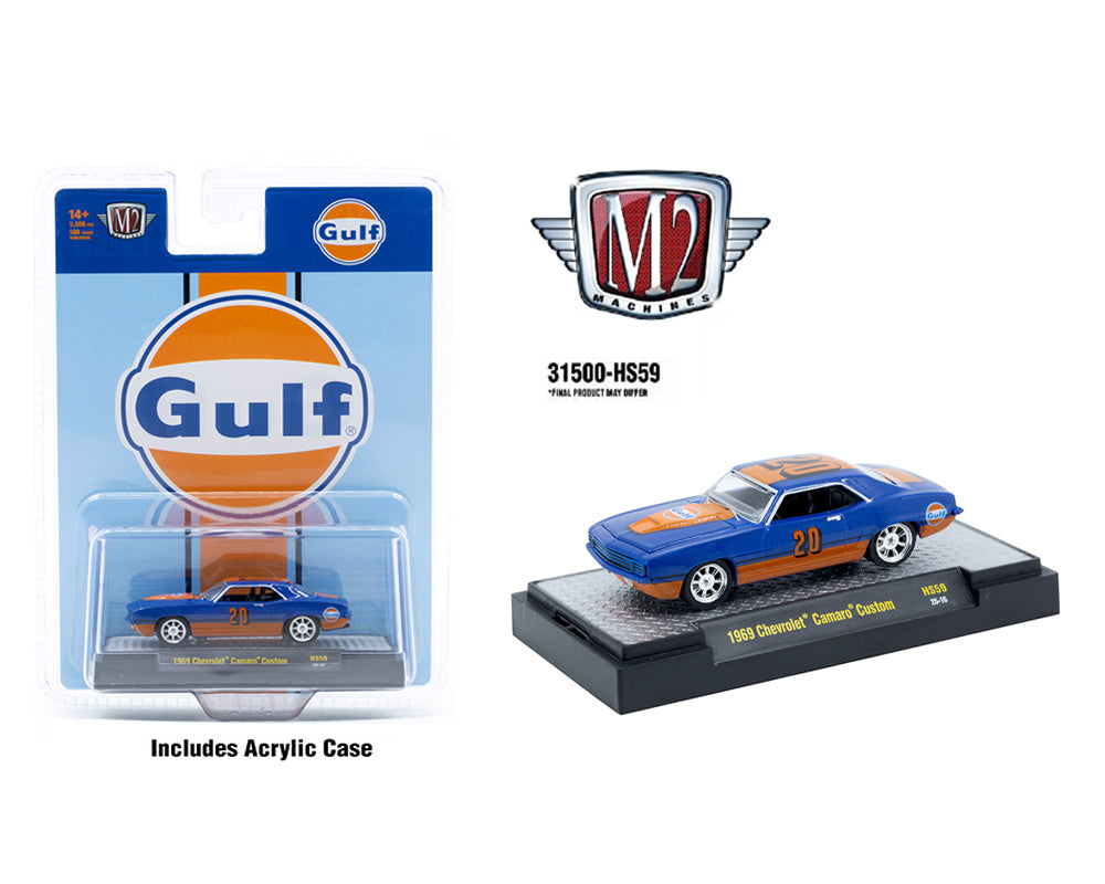 M2 Machines 1:64 1969 Chevrolet Camaro Custom GULF – Blue – Hobby Exclusive - House of Cars Virginia
