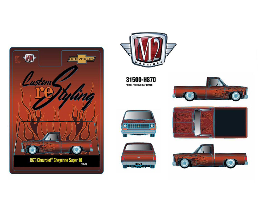 (Preorder) M2 Machines 1:64 1973 Chevrolet Cheyenne Super 10 Custom Re Styling – Brown w/ Flames – Hobby Exclusive - House of Cars Virginia