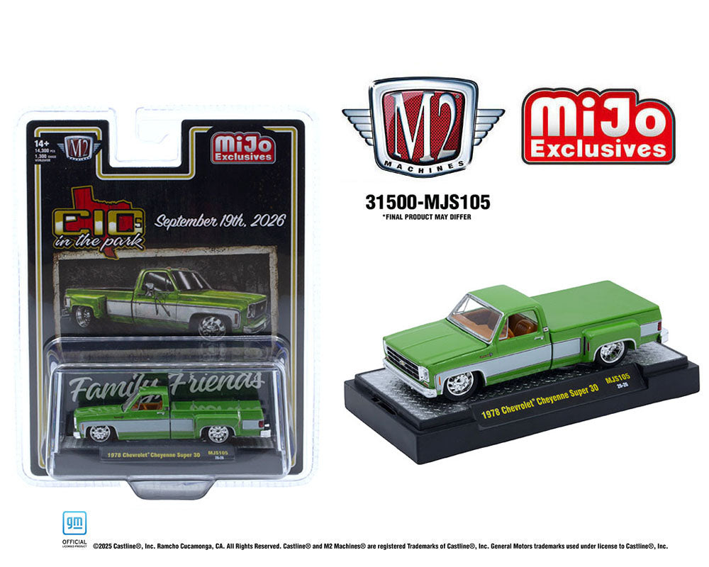 M2 Machines 1:64 2026 “C10s In The Park” 1978 Chevrolet Cheyenne Super 30 – Two-Tone Green White – Mijo Exclusives