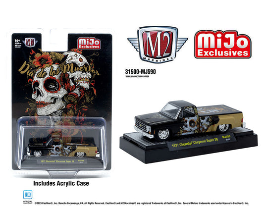 M2 Machines 1:64 1977 Chevrolet Cheyenne Super 30 “Dia De Los Muertos” 2025 – Black Gold – MiJo Exclusives Limited Edition - House of Cars Virginia