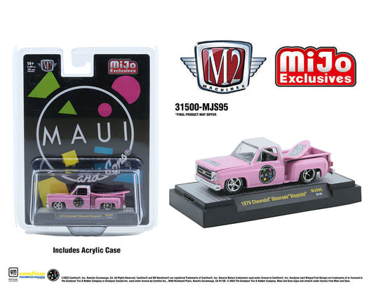 M2 Machines 1:64 1979 Chevrolet Silverado Stepside with Surfboard Maui & Son – Pink – MiJo Exclusives Limited Edition - House of Cars Virginia
