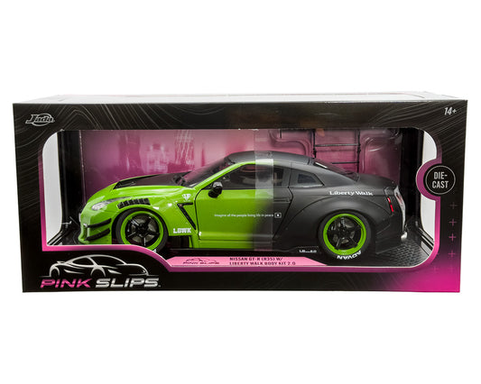 Jada 1:18 Nissan GT-R (R35) Liberty Walk Body Kit 2.0 – Green Metallic and Matte Black – Pink Slips - House of Cars Virginia