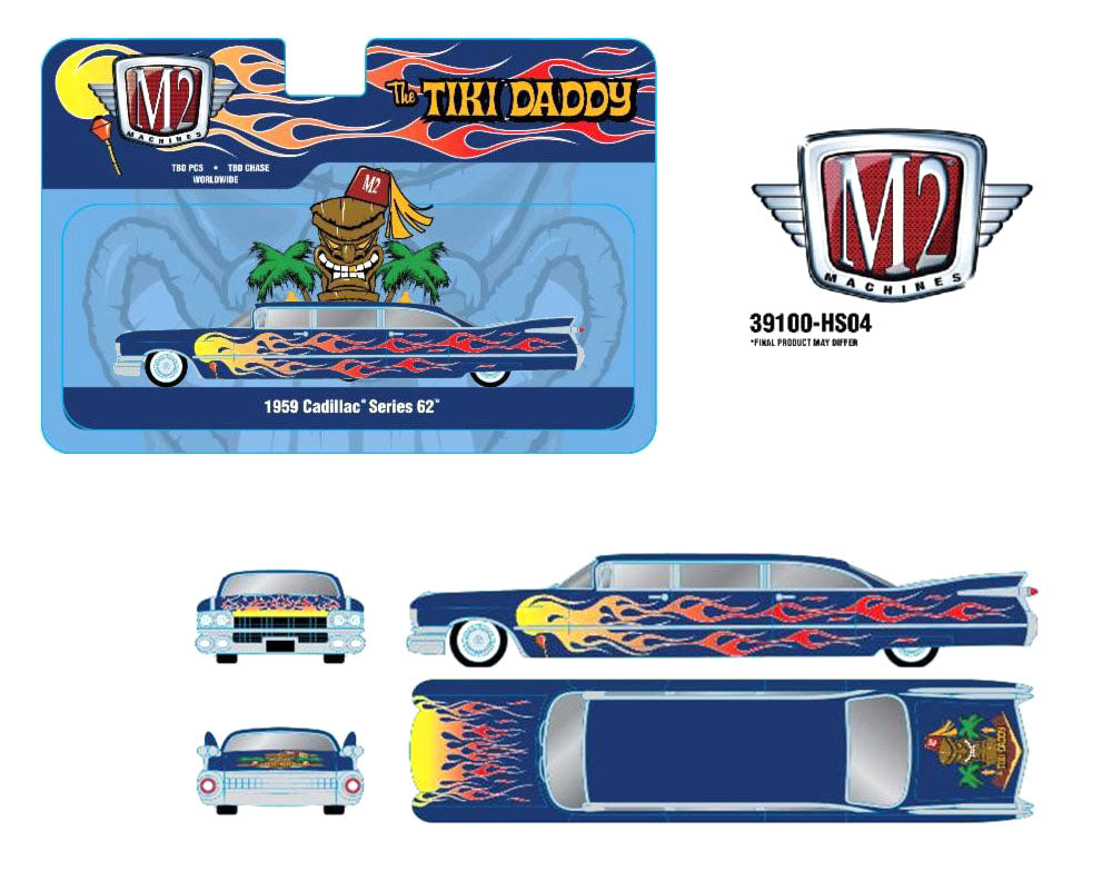 M2 Machines 1:64 Auto-Stretch 1959 Cadillac 62 Stretch Custom Tiki Daddy – Blue Flames – Hobby Exclusive - House of Cars Virginia
