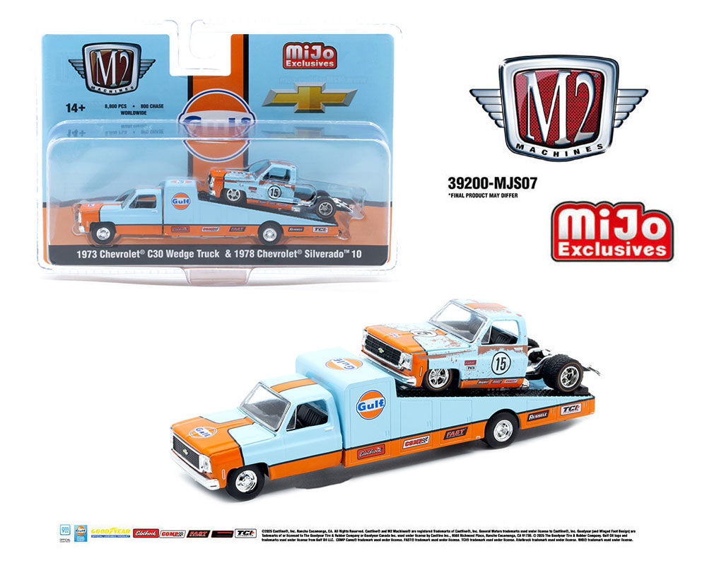 M2 Machines 1:64 Mijo Exclusives Auto-Haulers 1973 Chevrolet C30 Wedge Truck & 1978 Chevrolet Silverado 10 Bedless Gulf Livery – Blue – Limited Edition - House of Cars Virginia