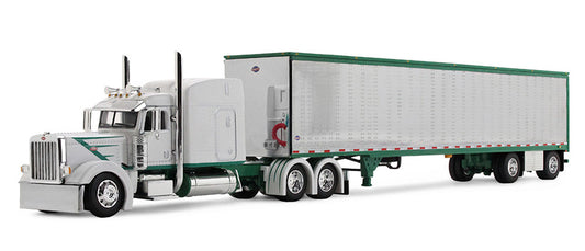 DCP Peterbilt Model 389 with 63” Mid-Roof Sleeper in White with Green Stripes Hauling 53’ Utility Trailer