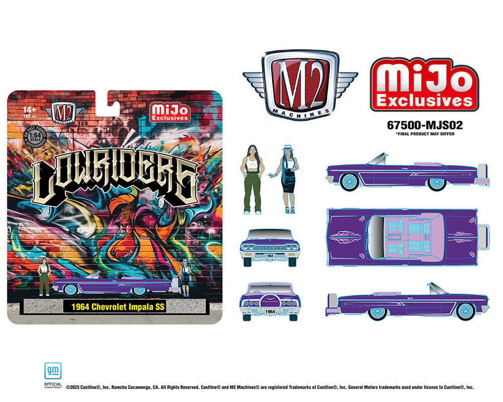 (Preorder) M2 Machines 1:64 Diorama Series 1964 Chevrolet Impala SS Convertible Top-Down Lowriders with 2 Ladies Figures – Metallic Purple – Mijo Exclusives - House of Cars Virginia