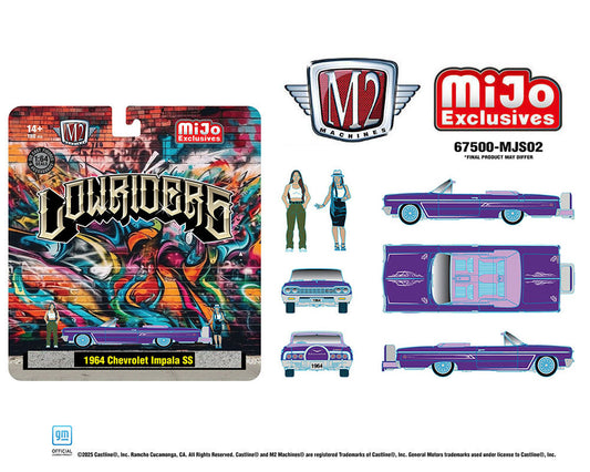 (Preorder) M2 Machines 1:64 Diorama Series 1964 Chevrolet Impala SS Convertible Top-Down Lowriders with 2 Ladies Figures – Metallic Purple – Mijo Exclusives - House of Cars Virginia