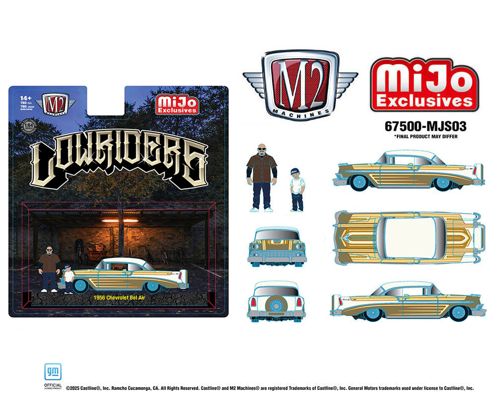 (Preorder) M2 Machines 1:64 Diorama Series 1956 Chevrolet Bel Air Lowriders with 2 Dad & Son Figures – Beige Gold – Mijo Exclusives - House of Cars Virginia