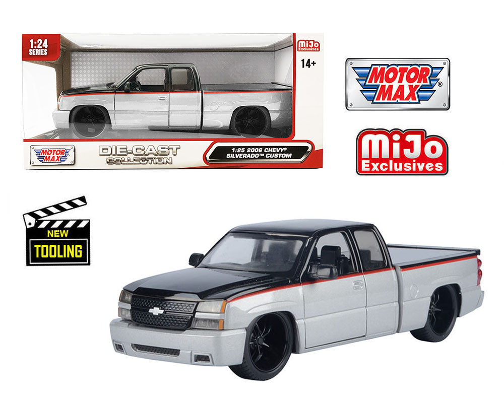 Motormax 1:25 Chevy Silverado Extended Cab 2006 Custom – Silver with Black Two-Tone – Mijo Exclusives Limited Edition - House of Cars Virginia
