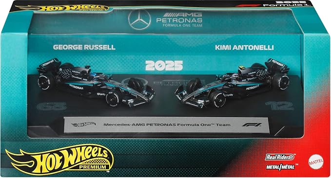 Hot Wheels Premium Formula 1 Toy Cars, 2 1:64 Scale Mercedes-AMG Petronas Formula One Team Racecars of George Russell & Kimi Antonelli