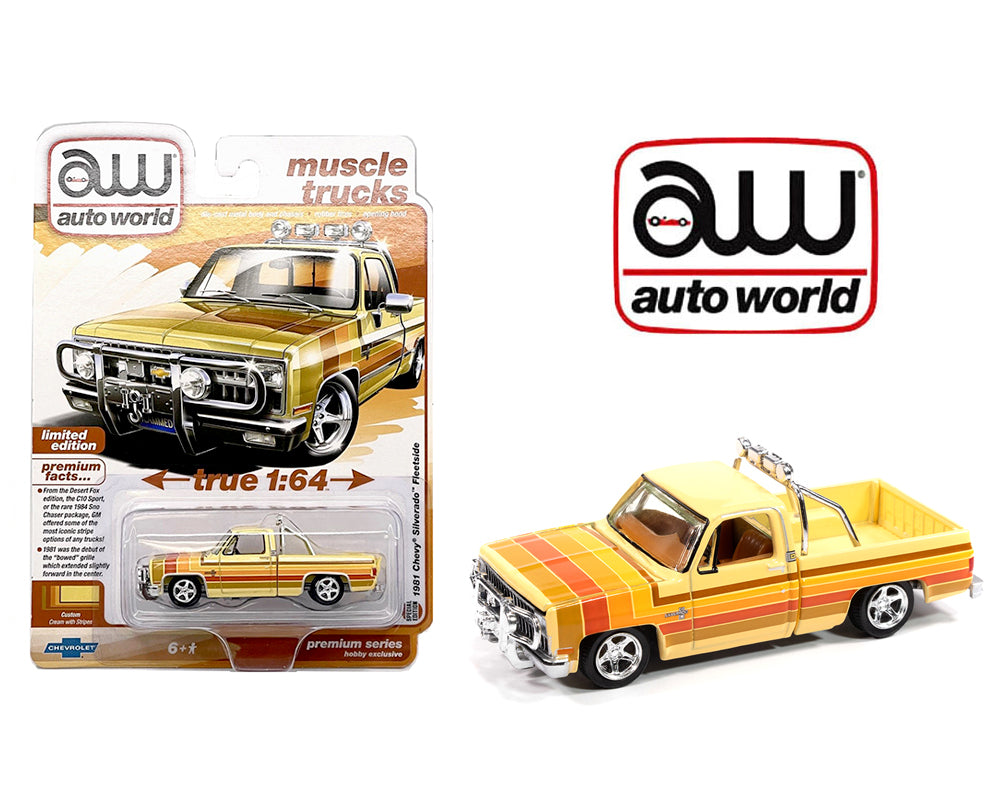 Auto World 1:64 1981 Chevrolet Silverado Fleetside Custom Lowered – Custom Cream with Stripes – Muscle Trucks – Premium Hobby Exclusive Limited Edition