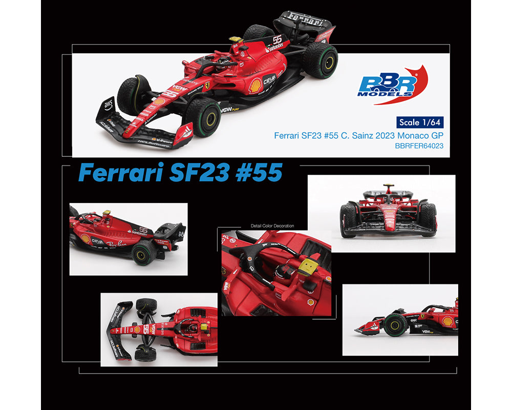 BBR Models 1:64 Ferrari F1 SF23 #55 C. Sainz 2023 Monaco GP