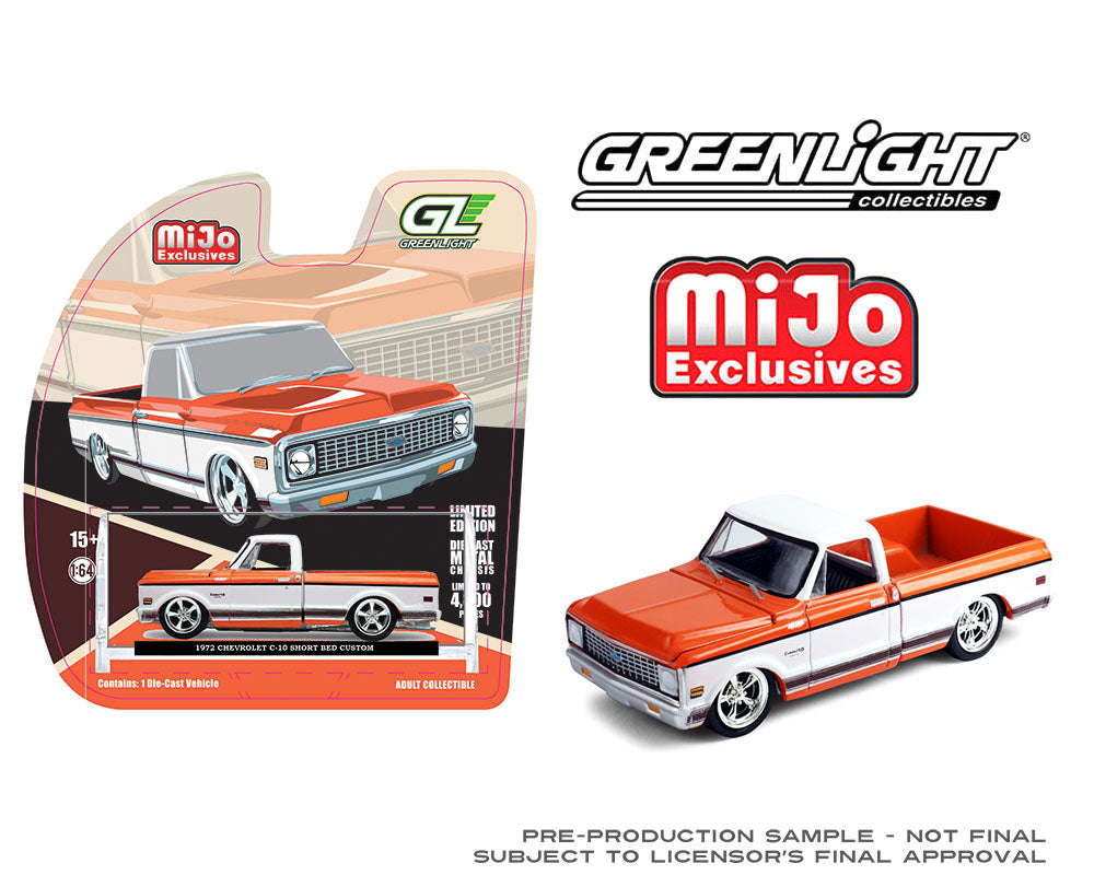 (Preorder) Greenlight 1:64 1972 Chevrolet C-10 Short Bed Custom – Orange with White Two-Tone – Mijo Exclusives - House of Cars Virginia