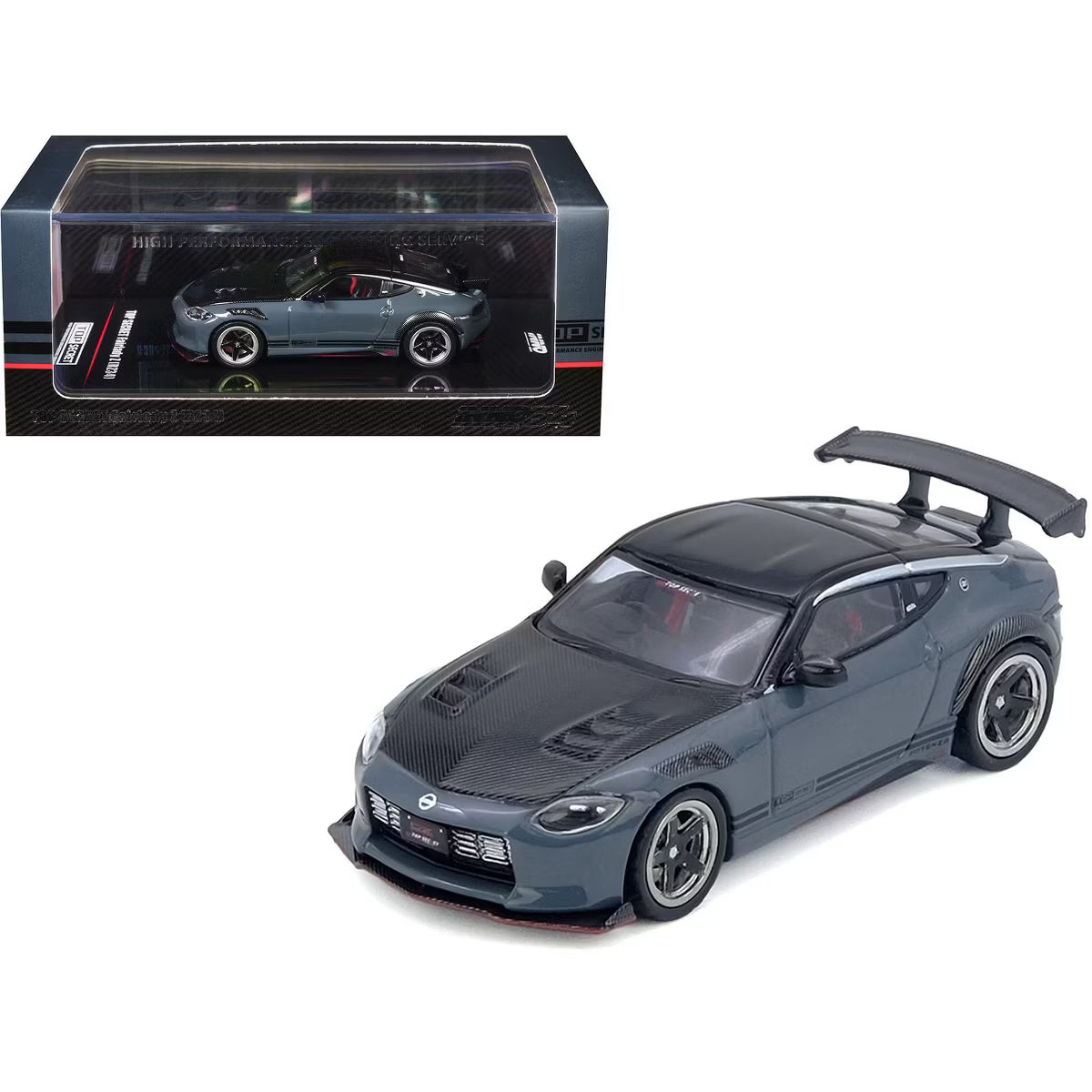 Nissan Fairlady Z "Top Secret" (RZ34) RHD Stealth Gray with Carbon Hood and Black Top 1/64 Diecast Model Car by Inno Models