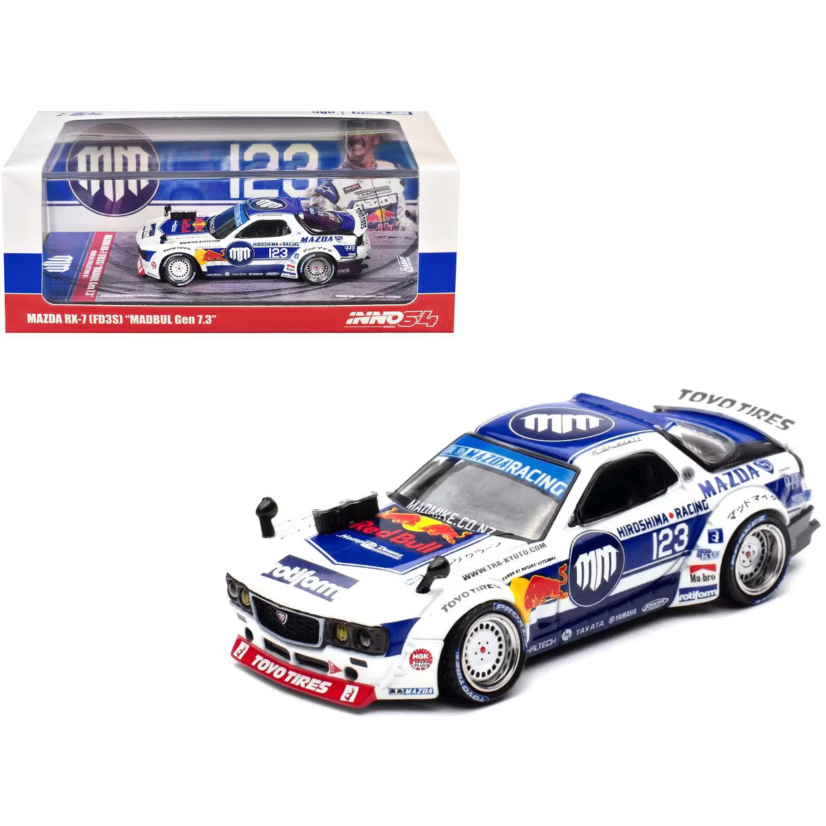 Mazda RX-7 (FD3S) RHD #123 "Pandem Rocket Bunny MADBUL Gen 7.3" White & Blue w/Graphics 1/64 Diecast Model Car by Inno Models - House of Cars Virginia