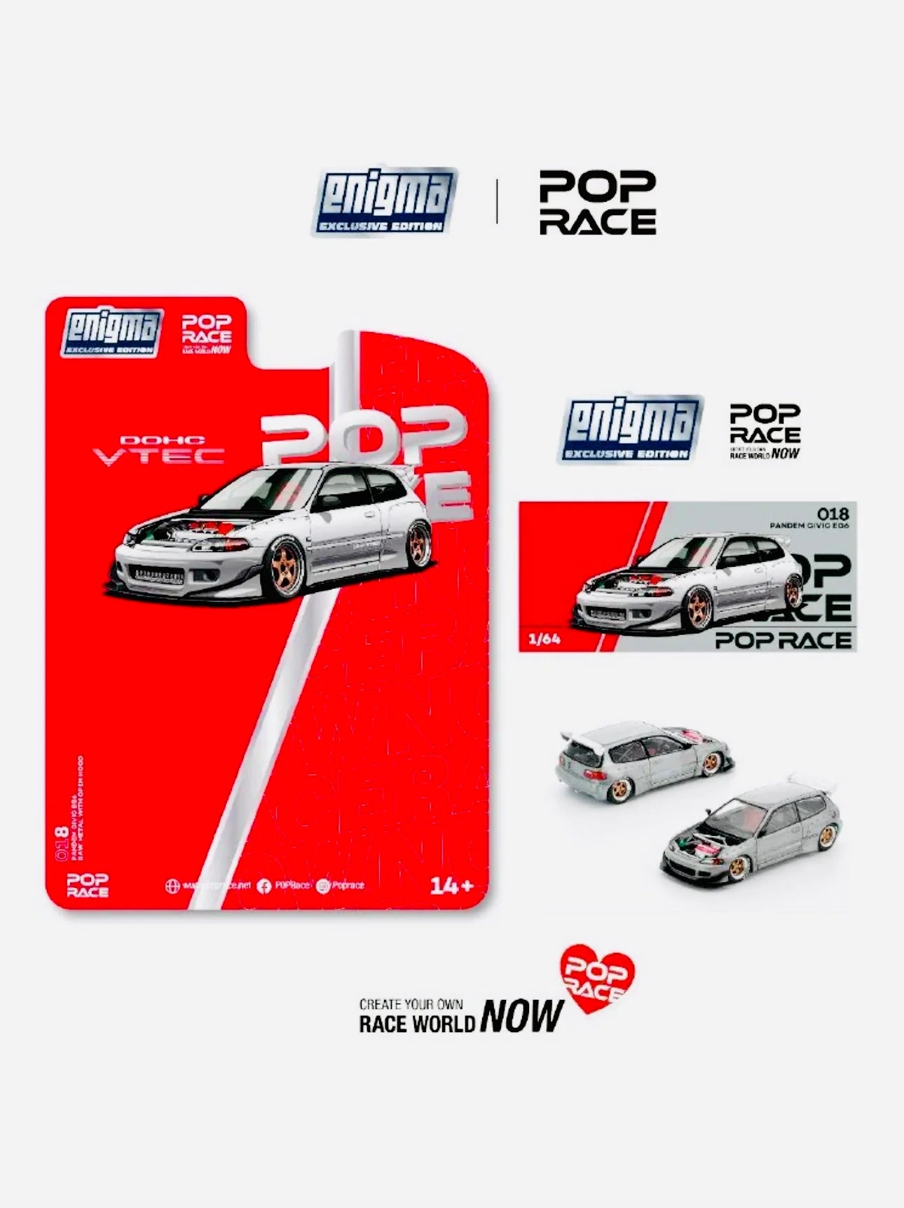 Pop Race 1:64 Pandem Civic EG6 w/ No Hood - Raw Metal