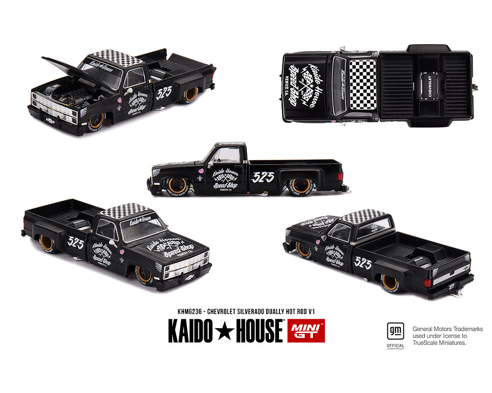 (Preorder) Kaido House x Mini GT Chevrolet Silverado Dually Hot Rod V1 – Flat Black - House of Cars Virginia