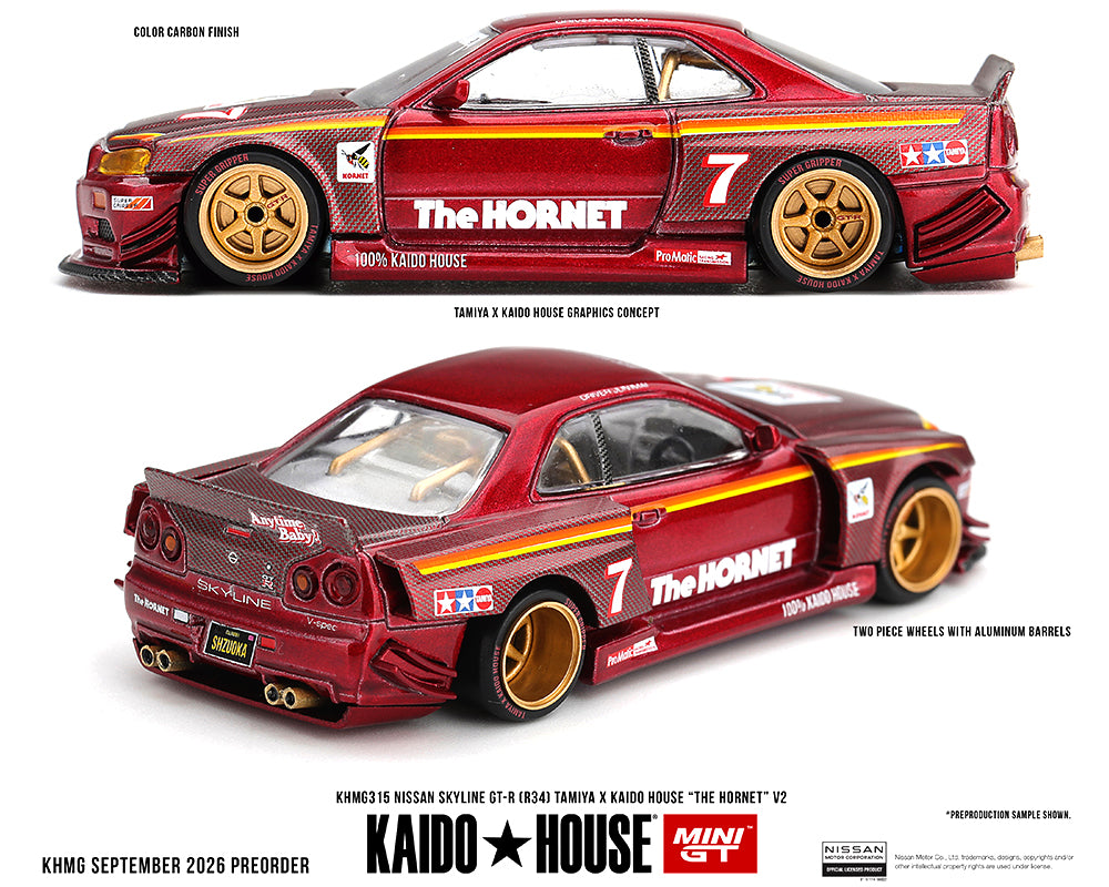 (Preorder) Kaido House x Mini GT Nissan Skyline GT-R (R34) TAMIYA x KAIDO HOUSE “The Hornet” V2 – M. Red Carbon