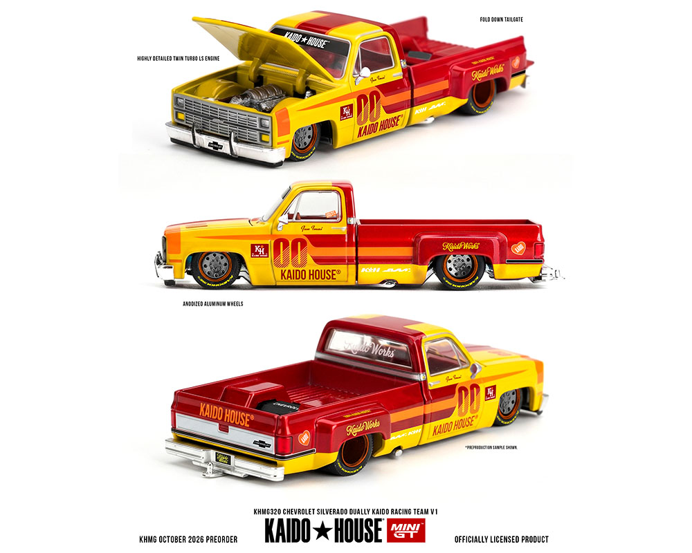 (Preorder) Kaido House x Mini GT Chevrolet Silverado Dually Kaido Racing Team V1 – Yellow Red Two- Tone