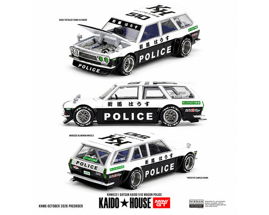 (Preorder) Kaido House x Mini GT Datsun KAIDO 510 Wagon Police – Black White Two-Tone