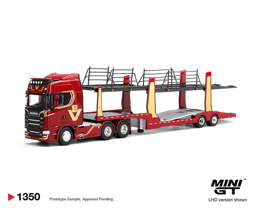 (Preorder) Mini GT 1:64 Scania 770S A6x4NA Car Transporter V8 50th anniversary + Car transporter – Red – Limited Edition