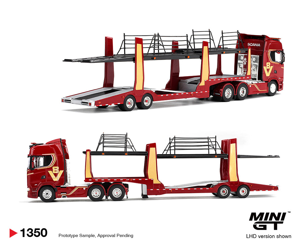 (Preorder) Mini GT 1:64 Scania 770S A6x4NA Car Transporter V8 50th anniversary + Car transporter – Red – Limited Edition