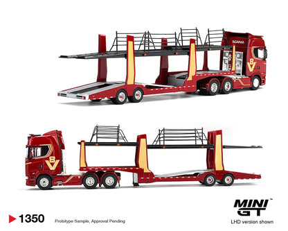 (Preorder) Mini GT 1:64 Scania 770S A6x4NA Car Transporter V8 50th anniversary + Car transporter – Red – Limited Edition