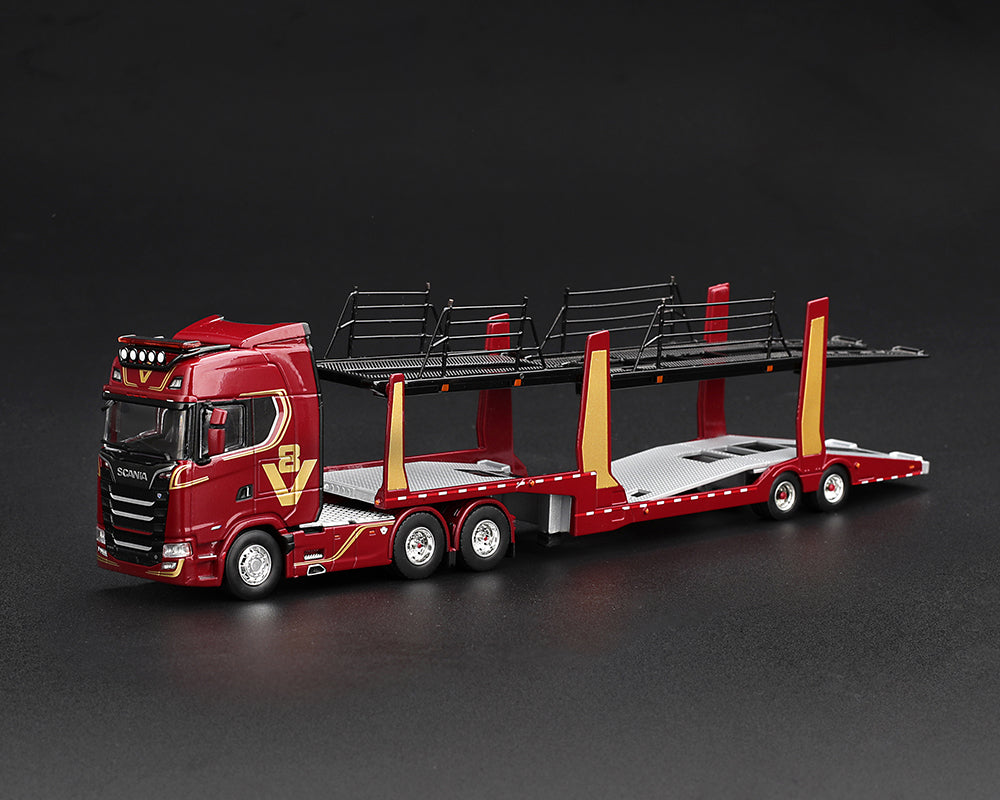 (Preorder) Mini GT 1:64 Scania 770S A6x4NA Car Transporter V8 50th anniversary + Car transporter – Red – Limited Edition