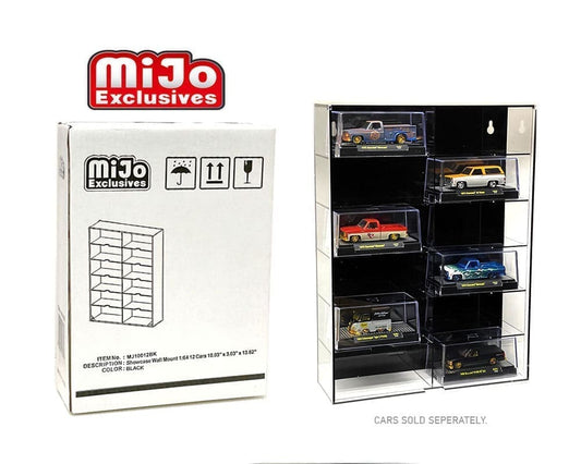Showcase 1:64 12-Car Display Case Wall Mount Plastic Black Back Version With Cover (10.03″ x 3.03″ x 13.62″) – MiJo Exclusives