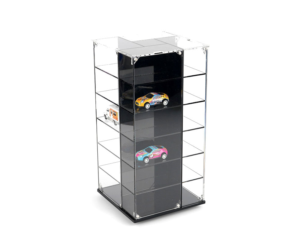 Showcase 1:64 Acrylitower 24-Car Display Desk Top Spinner with Magnetic Covers (6.5″x 6.5″x13.5″) – Black – MiJo Exclusives