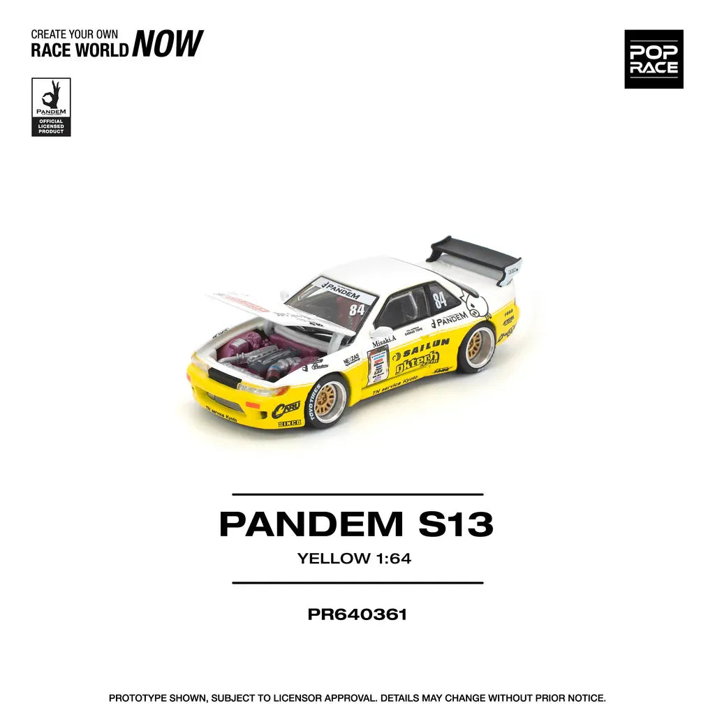 Pop Race 1:64 Pandem Nissan Silvia S13 2020 D1 Lights - White and Yellow