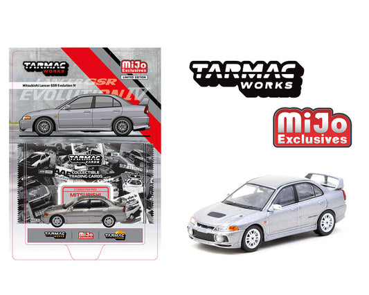 Tarmac Works 1:64 Mitsubishi Lancer GSR Evolution IV with Trading Cards – Silver – Mijo Exclusives - House of Cars Virginia