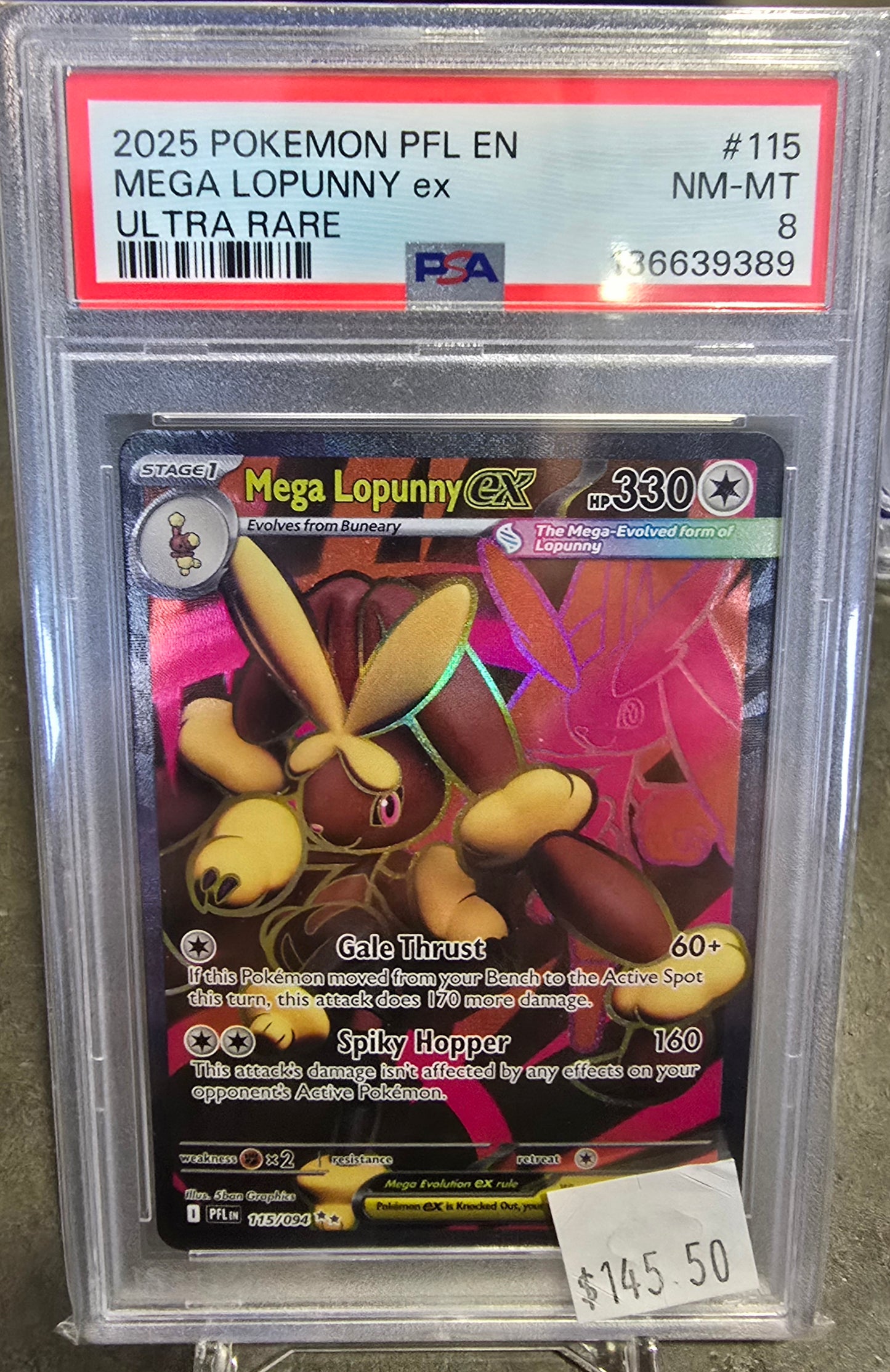 2025 Pokemon PFL En Mega Lopunny #115 Ultra Rare PSA NM-MY 8