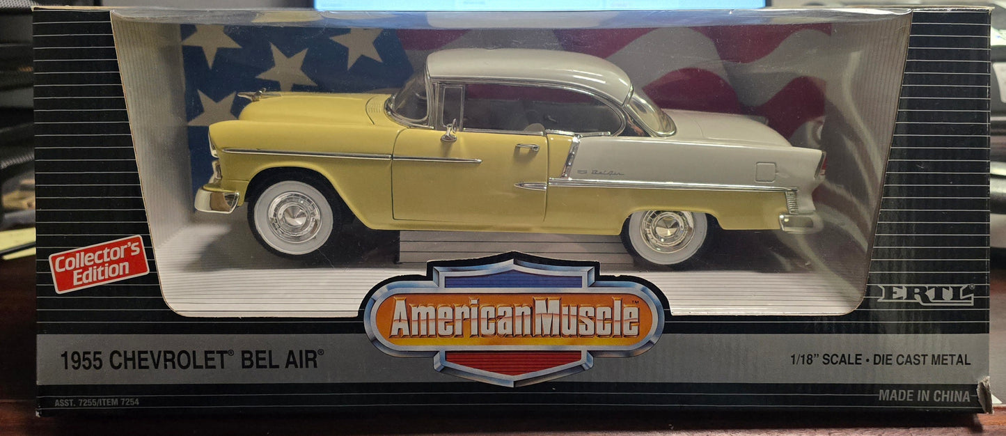 American Muscle 1:18 55 Chevy Bel Air - Model Car Yellow And White - House of Cars Virginia
